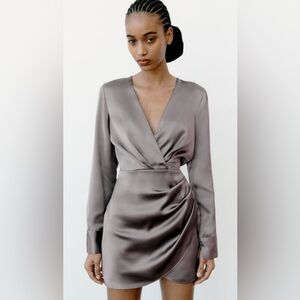 ZARA Satin Wrap Dress with long sleeves
